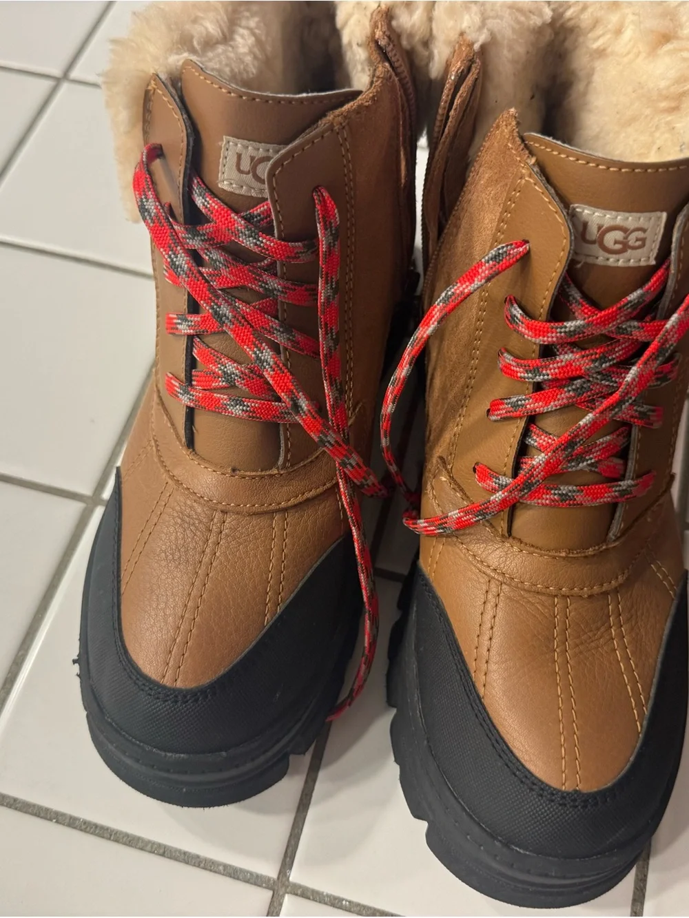 UGG Women's Brown Shearling-Lined Winter Boots with Plaid Laces